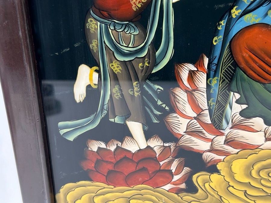 Vintage Chinese Reverse Painting On Glass Of Buddha Guanyin With Acolytes Framed 19.5 X 27.5 [Photo 15]