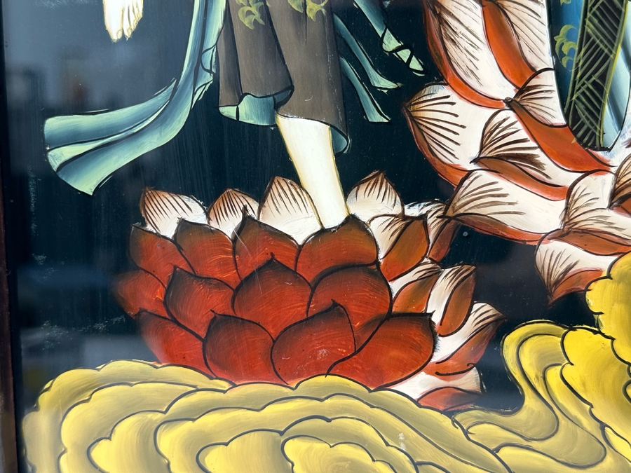 Vintage Chinese Reverse Painting On Glass Of Buddha Guanyin With Acolytes Framed 19.5 X 27.5 [Photo 20]