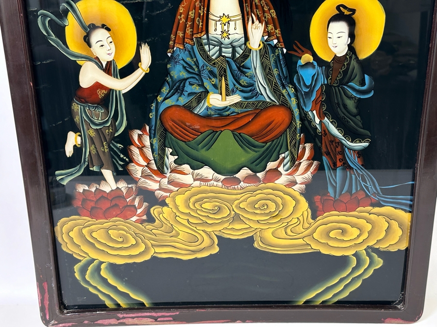 Vintage Chinese Reverse Painting On Glass Of Buddha Guanyin With Acolytes Framed 19.5 X 27.5 [Photo 11]