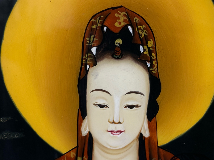 Vintage Chinese Reverse Painting On Glass Of Buddha Guanyin With Acolytes Framed 19.5 X 27.5 [Photo 8]