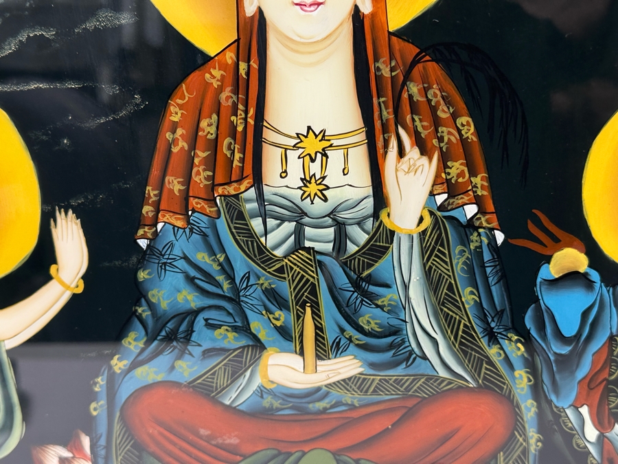 Vintage Chinese Reverse Painting On Glass Of Buddha Guanyin With Acolytes Framed 19.5 X 27.5 [Photo 9]