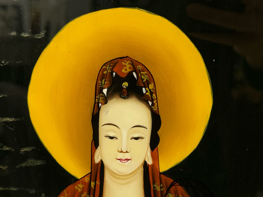 Vintage Chinese Reverse Painting On Glass Of Buddha Guanyin With Acolytes Framed 19.5 X 27.5 [Photo 7]