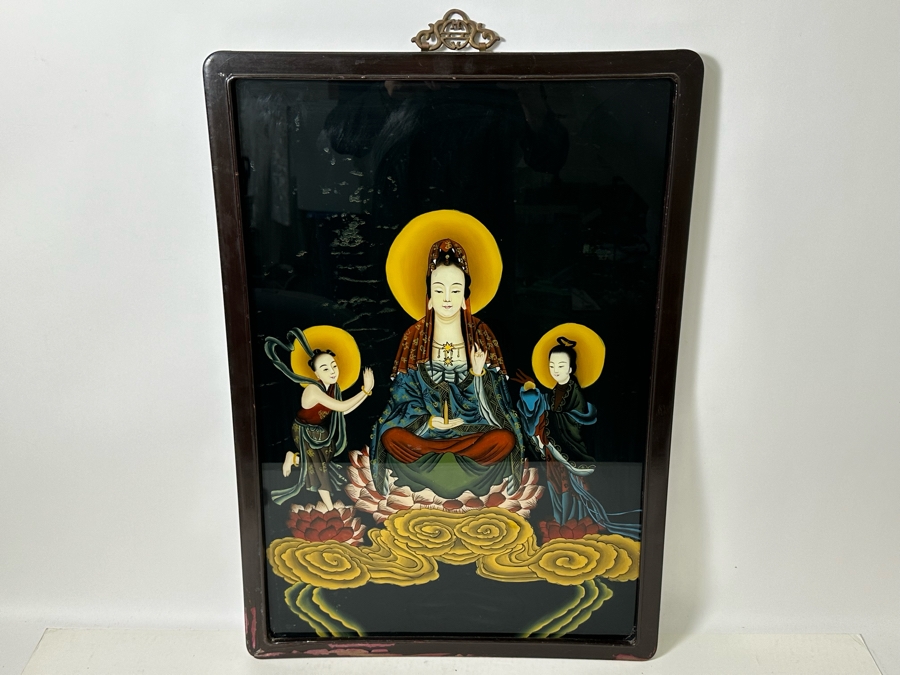 Vintage Chinese Reverse Painting On Glass Of Buddha Guanyin With Acolytes Framed 19.5 X 27.5 [Photo 4]