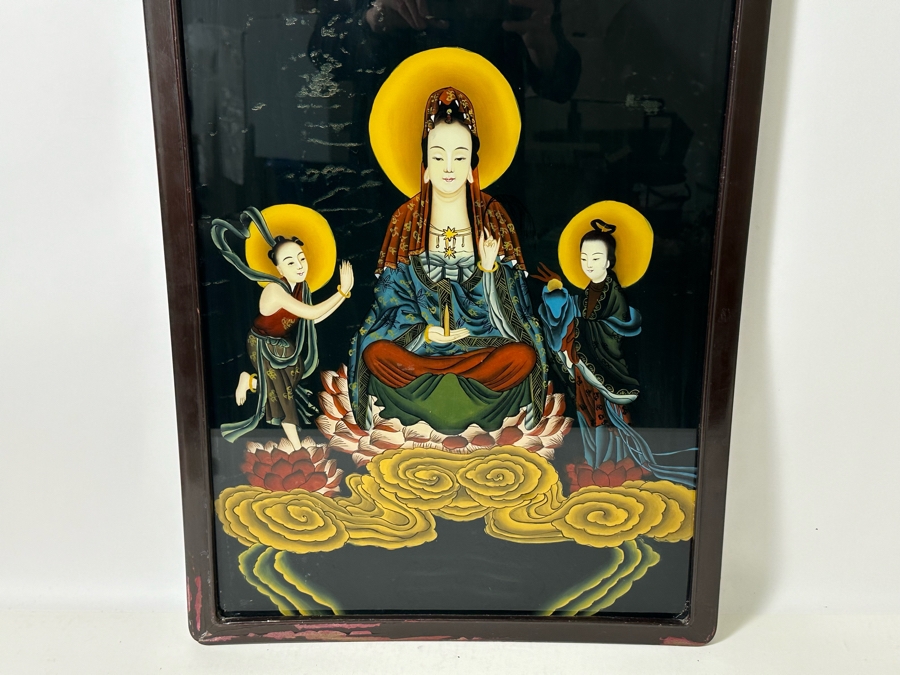 Vintage Chinese Reverse Painting On Glass Of Buddha Guanyin With Acolytes Framed 19.5 X 27.5 [Photo 5]