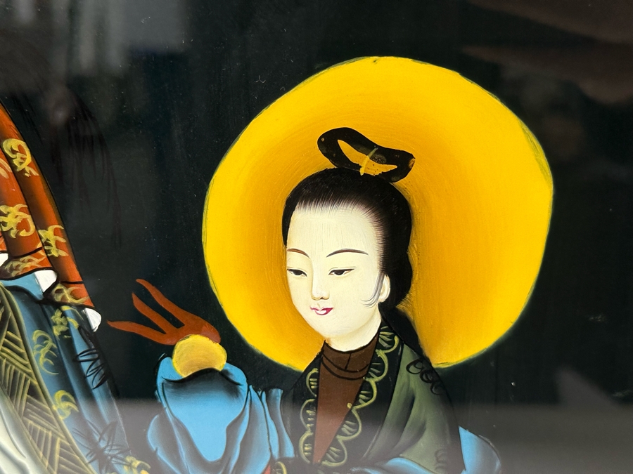 Vintage Chinese Reverse Painting On Glass Of Buddha Guanyin With Acolytes Framed 19.5 X 27.5 [Photo 12]