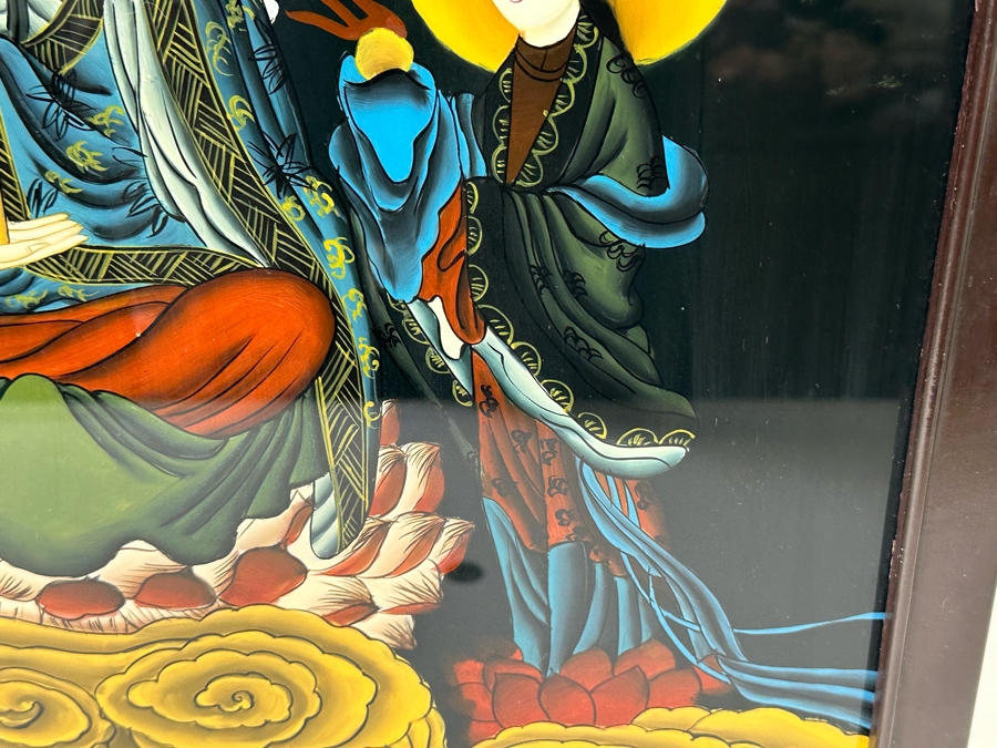 Vintage Chinese Reverse Painting On Glass Of Buddha Guanyin With Acolytes Framed 19.5 X 27.5 [Photo 13]