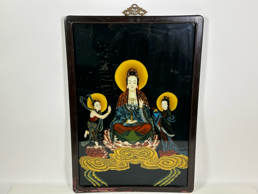 Vintage Chinese Reverse Painting On Glass Of Buddha Guanyin With Acolytes Framed 19.5 X 27.5 [Photo 3]