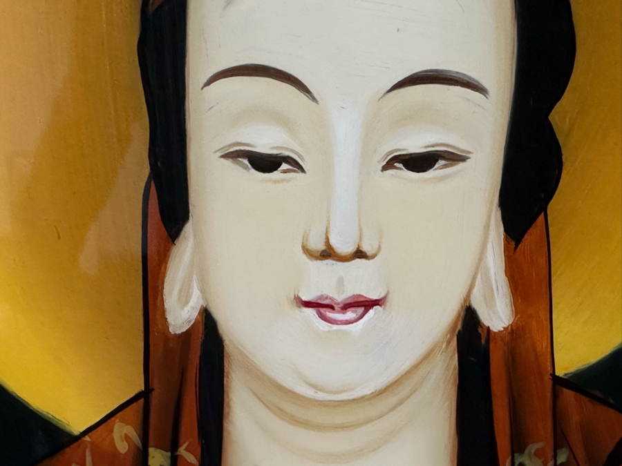 Vintage Chinese Reverse Painting On Glass Of Buddha Guanyin With Acolytes Framed 19.5 X 27.5 [Photo 17]