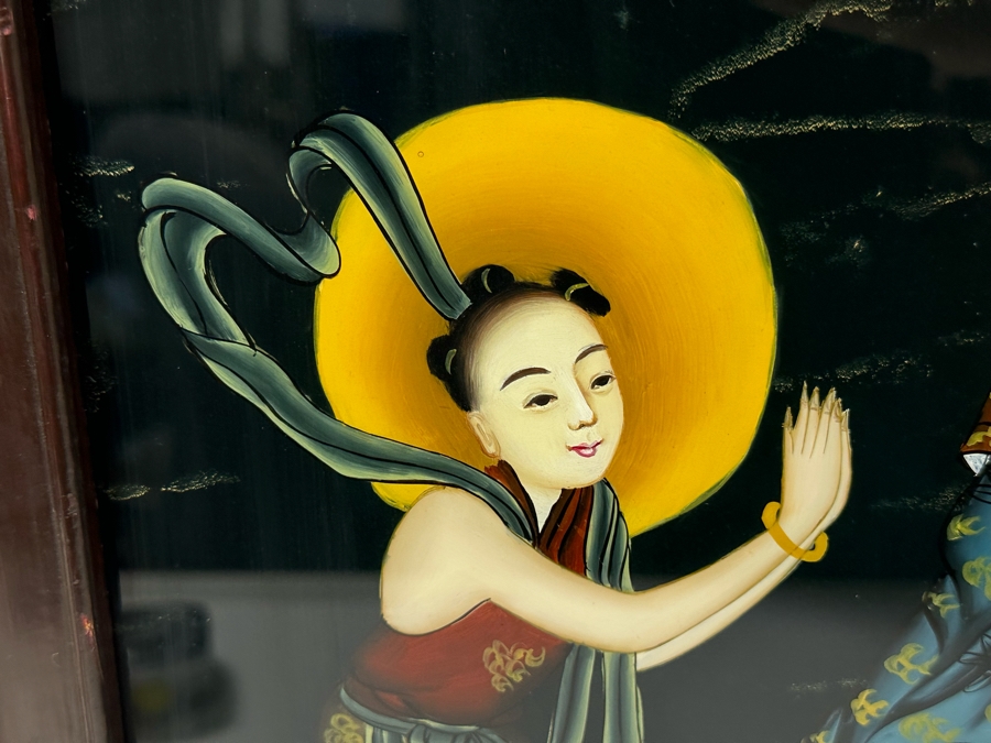 Vintage Chinese Reverse Painting On Glass Of Buddha Guanyin With Acolytes Framed 19.5 X 27.5 [Photo 14]