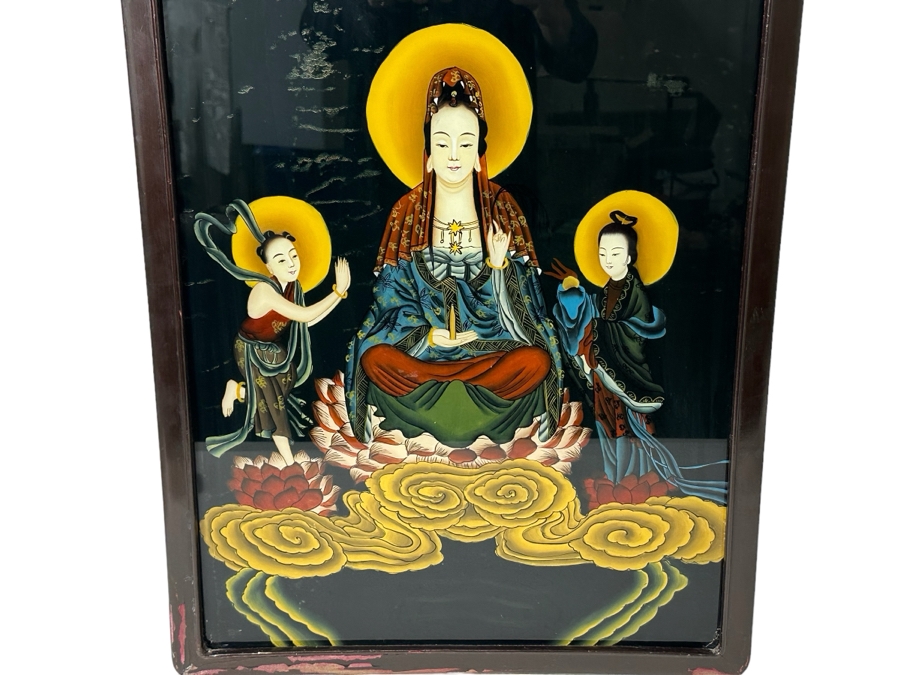 Vintage Chinese Reverse Painting On Glass Of Buddha Guanyin With Acolytes Framed 19.5 X 27.5