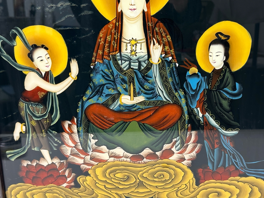 Vintage Chinese Reverse Painting On Glass Of Buddha Guanyin With Acolytes Framed 19.5 X 27.5 [Photo 10]
