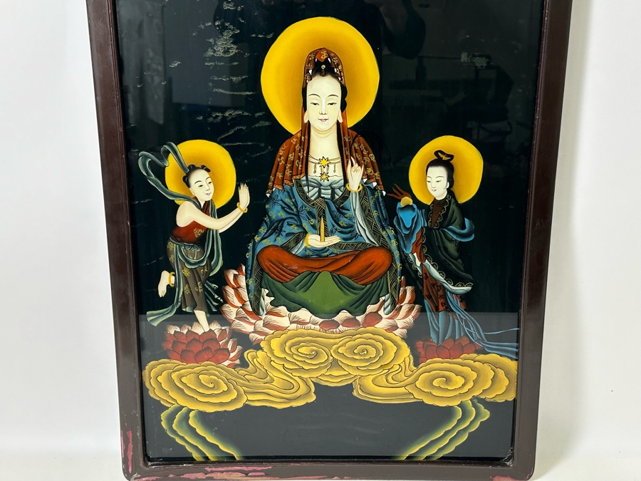 Vintage Chinese Reverse Painting On Glass Of Buddha Guanyin With Acolytes Framed 19.5 X 27.5 [Photo 6]