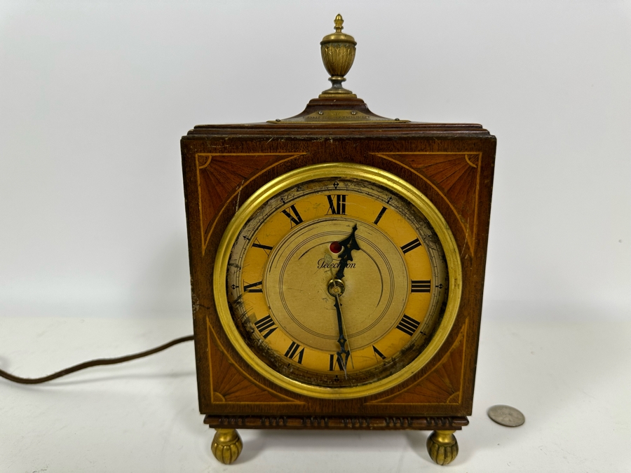 Vintage Working Telechron Inlaid Wooden Mantle Clock By Warren Telechron Co. With Placard Ernest J. Goppert From the 22nd Wyoming Legislature 6W X 3.5D X 10H [Photo 3]