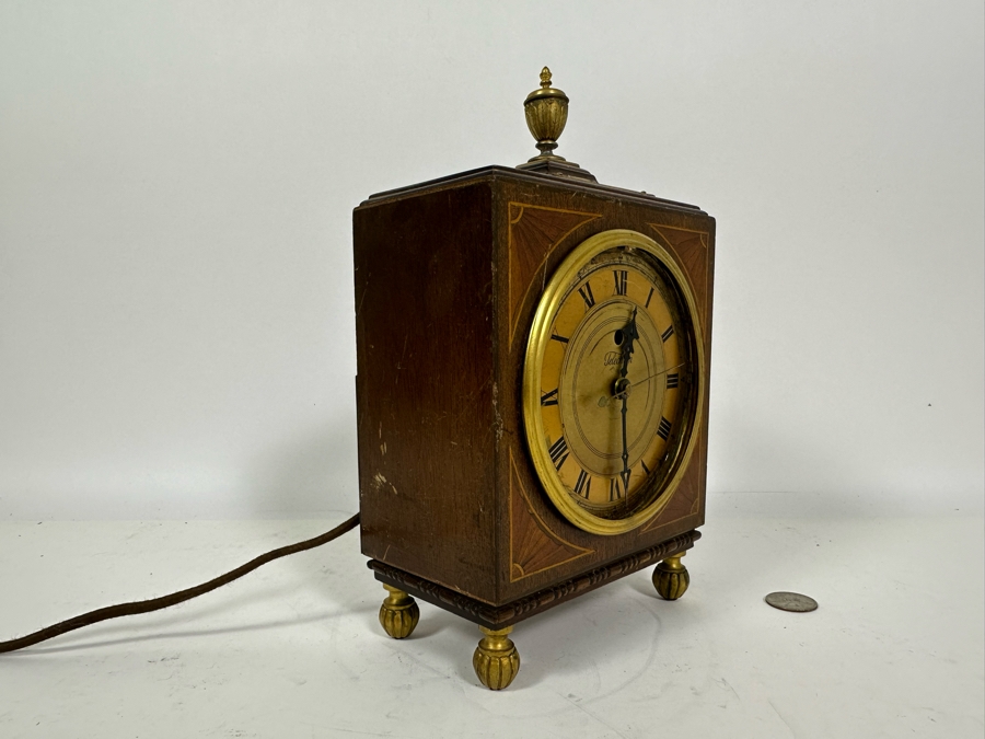 Vintage Working Telechron Inlaid Wooden Mantle Clock By Warren Telechron Co. With Placard Ernest J. Goppert From the 22nd Wyoming Legislature 6W X 3.5D X 10H [Photo 11]