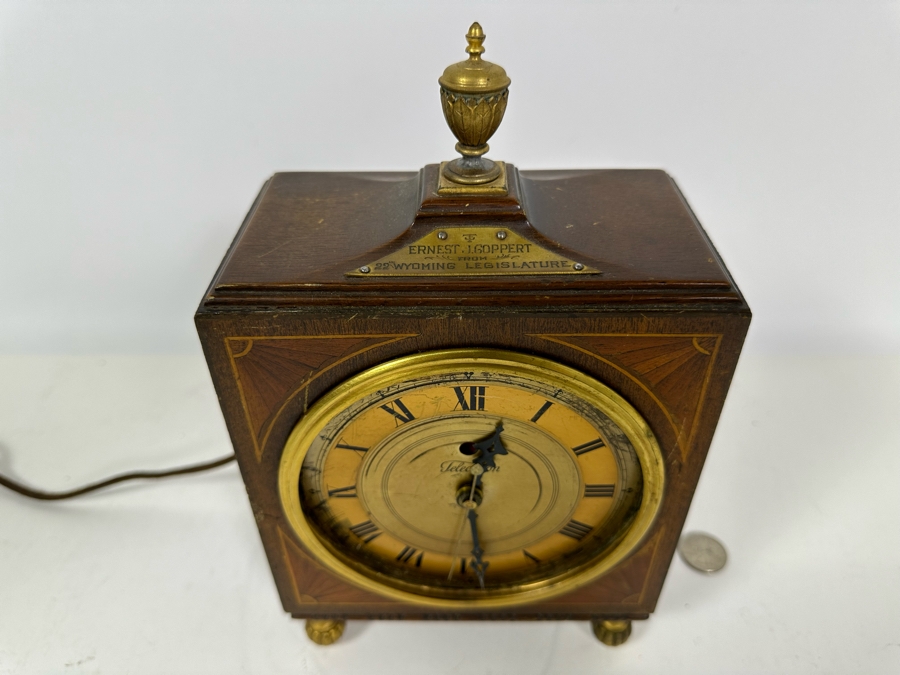 Vintage Working Telechron Inlaid Wooden Mantle Clock By Warren Telechron Co. With Placard Ernest J. Goppert From the 22nd Wyoming Legislature 6W X 3.5D X 10H [Photo 4]