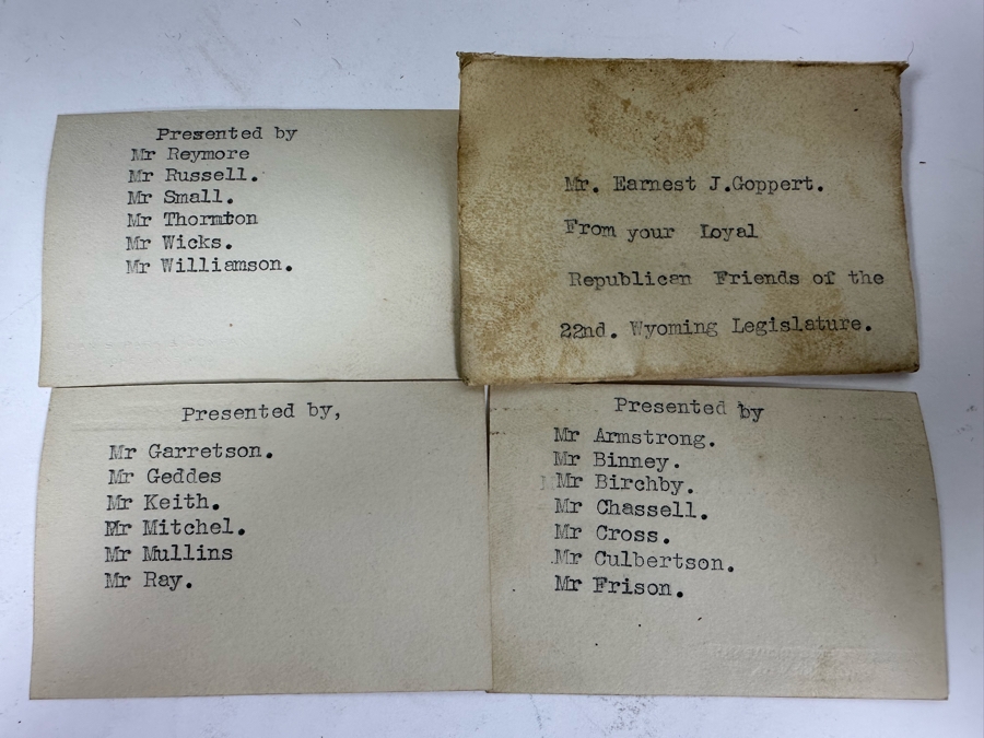 Vintage Working Telechron Inlaid Wooden Mantle Clock By Warren Telechron Co. With Placard Ernest J. Goppert From the 22nd Wyoming Legislature 6W X 3.5D X 10H [Photo 19]