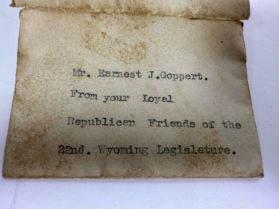 Vintage Working Telechron Inlaid Wooden Mantle Clock By Warren Telechron Co. With Placard Ernest J. Goppert From the 22nd Wyoming Legislature 6W X 3.5D X 10H [Photo 18]