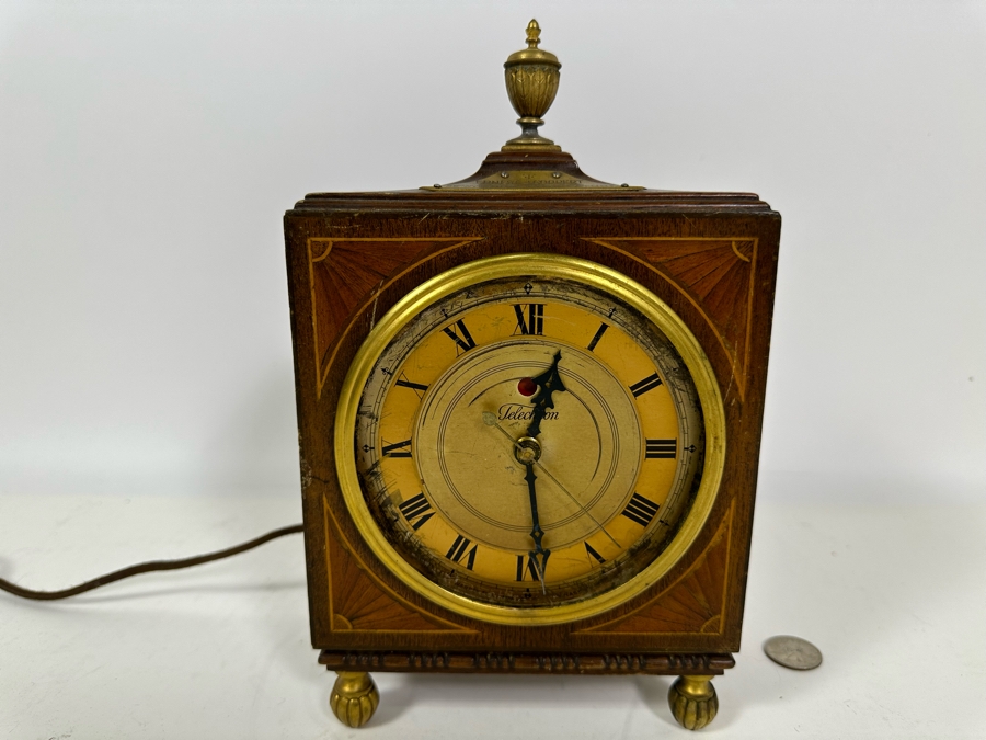 Vintage Working Telechron Inlaid Wooden Mantle Clock By Warren Telechron Co. With Placard Ernest J. Goppert From the 22nd Wyoming Legislature 6W X 3.5D X 10H [Photo 2]