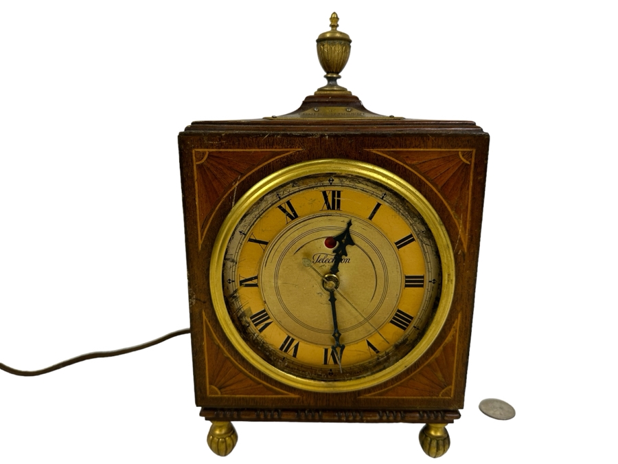 Vintage Working Telechron Inlaid Wooden Mantle Clock By Warren Telechron Co. With Placard Ernest J. Goppert From the 22nd Wyoming Legislature 6W X 3.5D X 10H