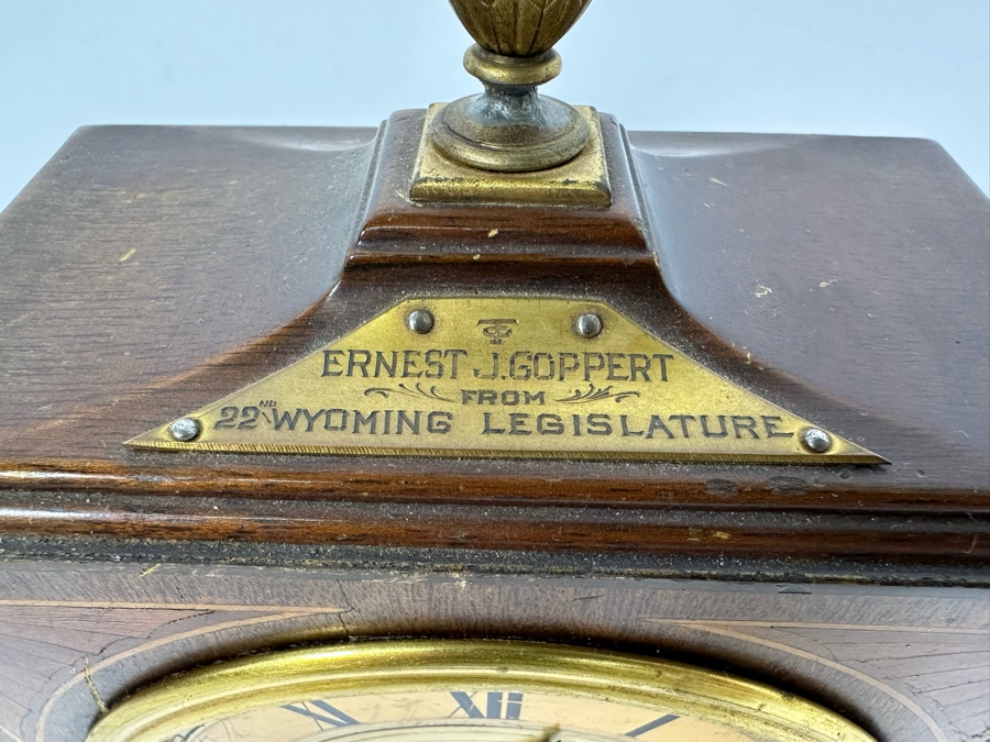 Vintage Working Telechron Inlaid Wooden Mantle Clock By Warren Telechron Co. With Placard Ernest J. Goppert From the 22nd Wyoming Legislature 6W X 3.5D X 10H [Photo 5]