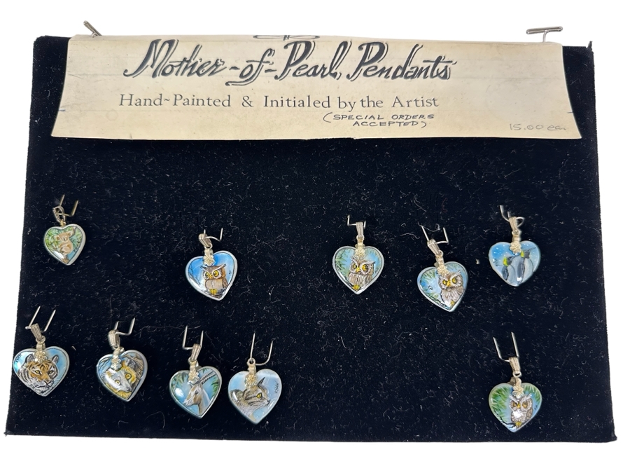 (10) Signed Hand Painted Mother Of Pearl Animal Pendants With Owls, Tiger, Cat, Koala Bear And More [Photo 1]