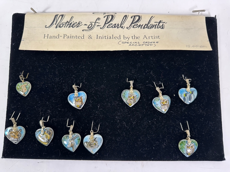 (10) Signed Hand Painted Mother Of Pearl Animal Pendants With Owls, Tiger, Cat, Koala Bear And More [Photo 2]