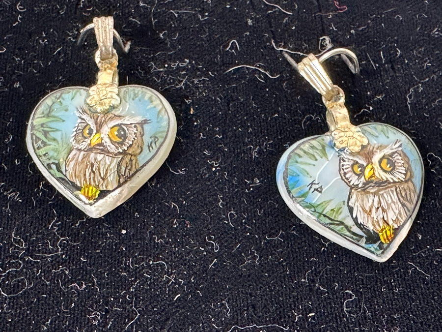 (10) Signed Hand Painted Mother Of Pearl Animal Pendants With Owls, Tiger, Cat, Koala Bear And More [Photo 8]
