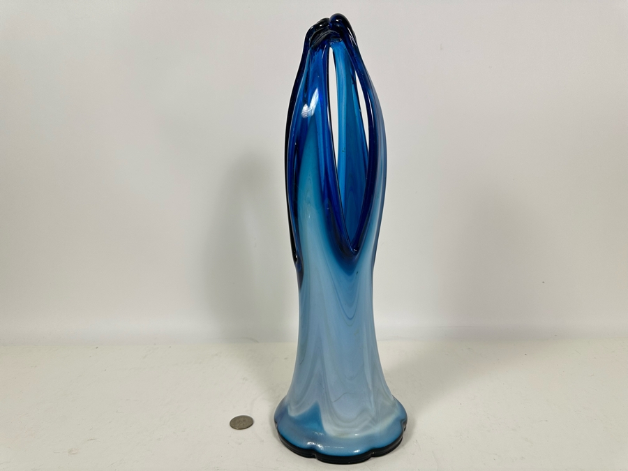 Large Hand Blown Murano Art Glass Basket Vase Italy 16H [Photo 8]