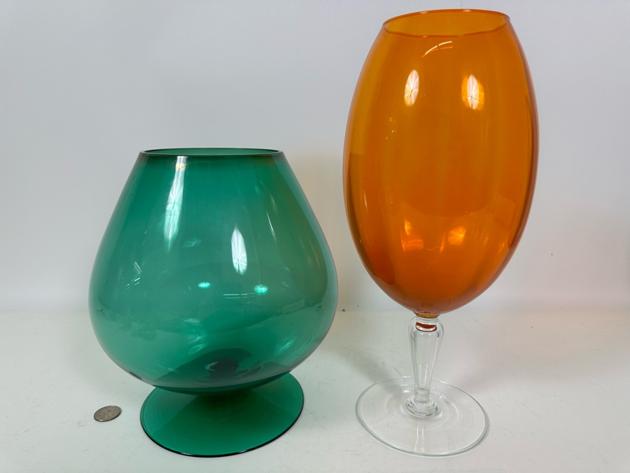 Pair Of Mid-Century Footed Art Glasses 10H & 14H [Photo 2]