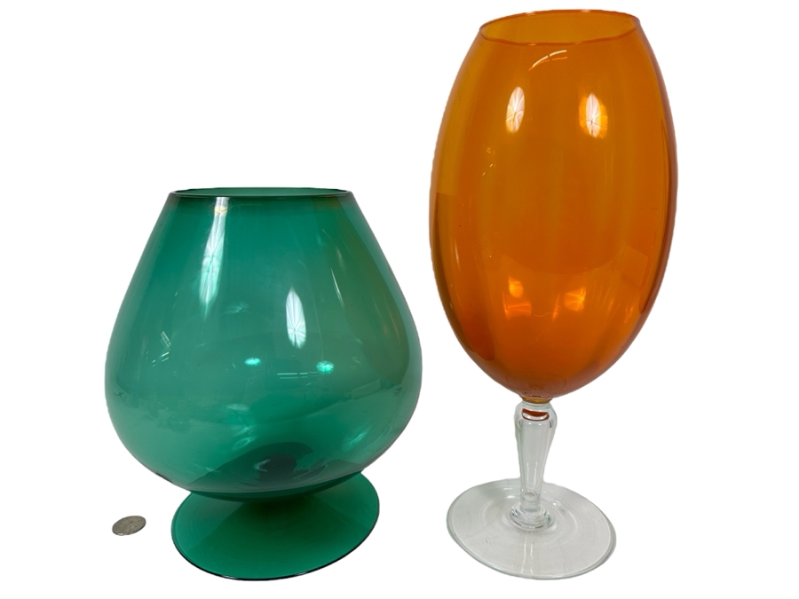 Pair Of Mid-Century Footed Art Glasses 10H & 14H [Photo 1]