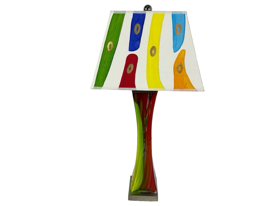 Stunning Art Glass Table Lamp With Pair Of Shades (One Shown Is Hand Painted) 32H [Photo 2]