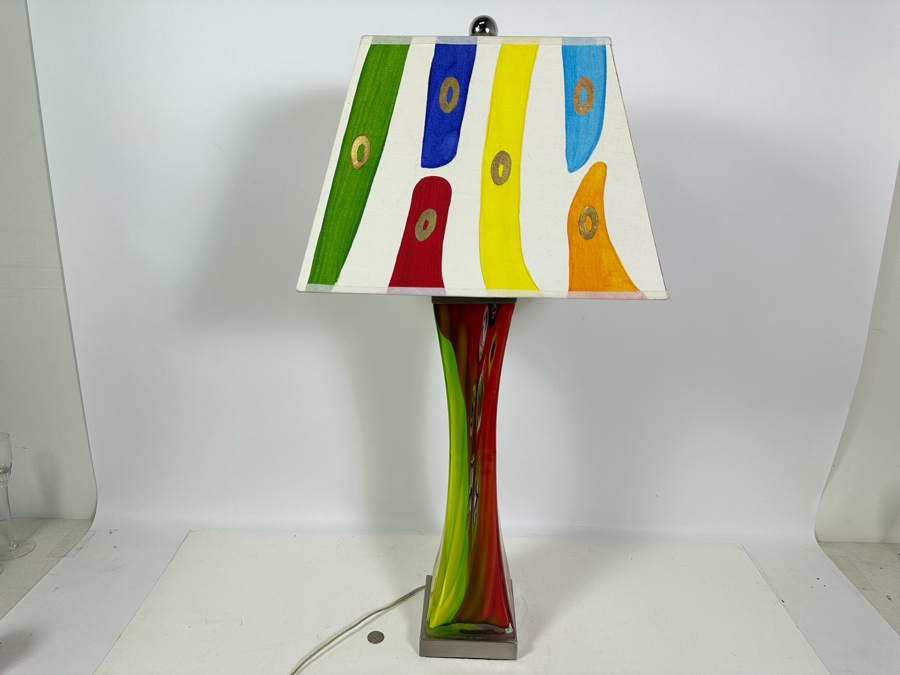 Stunning Art Glass Table Lamp With Pair Of Shades (One Shown Is Hand Painted) 32H [Photo 13]