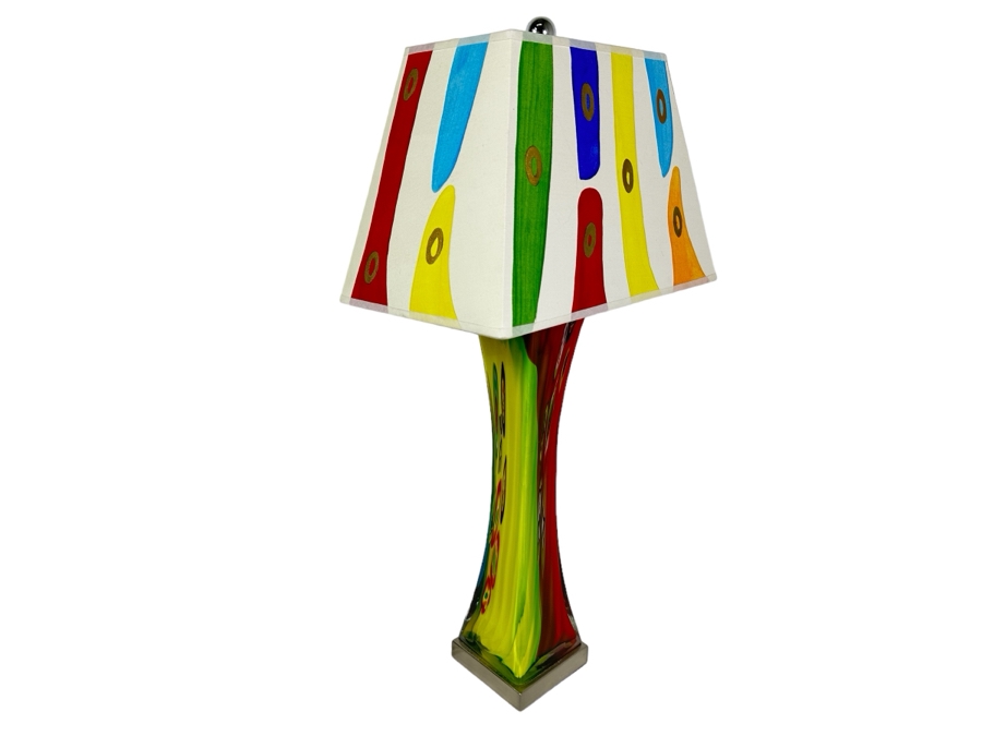 Stunning Art Glass Table Lamp With Pair Of Shades (One Shown Is Hand Painted) 32H