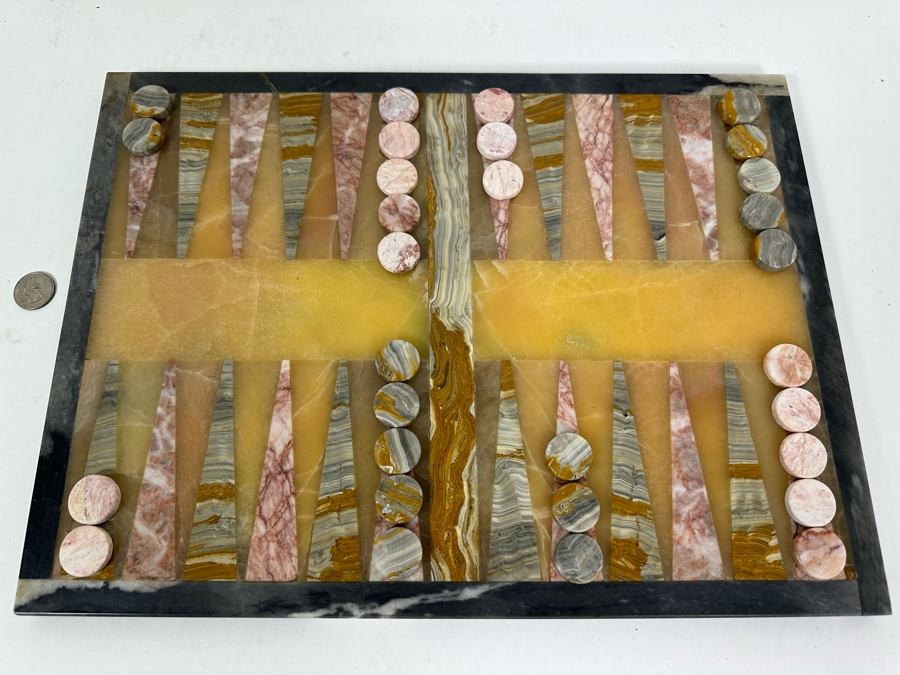 Marble And Agate Backgammon Board 17 X 13 Complete With Backgammon Counters Pieces [Photo 3]
