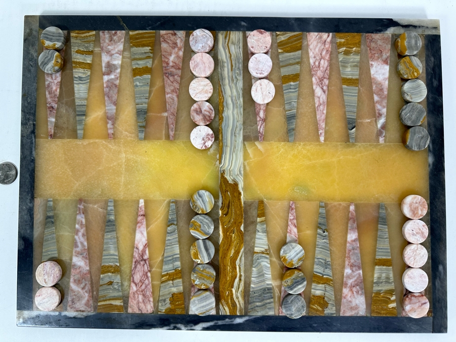 Marble And Agate Backgammon Board 17 X 13 Complete With Backgammon Counters Pieces [Photo 2]
