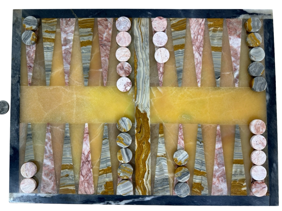 Marble And Agate Backgammon Board 17 X 13 Complete With Backgammon Counters Pieces [Photo 1]