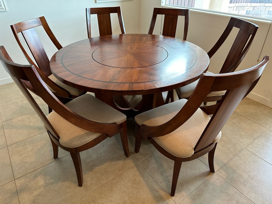 Round Wooden Dining Table With Lazy Susan Middle 56'R And Six Matching Dining Chairs [Photo 4]