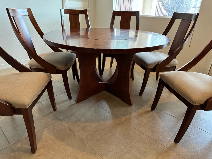 Round Wooden Dining Table With Lazy Susan Middle 56'R And Six Matching Dining Chairs [Photo 7]