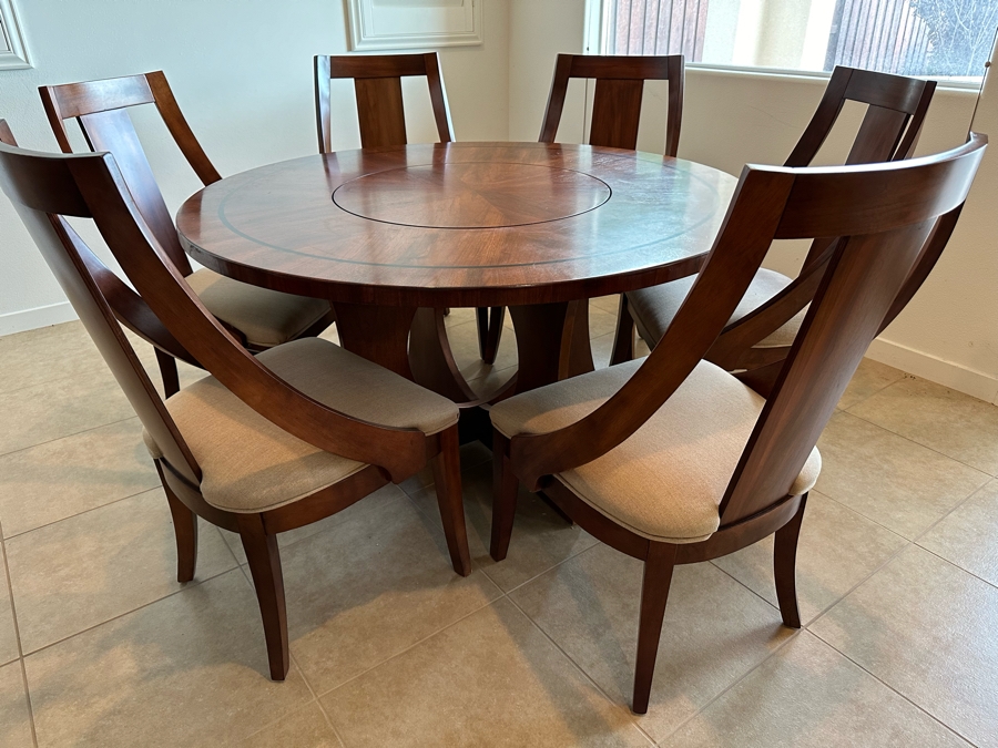 Round Wooden Dining Table With Lazy Susan Middle 56'R And Six Matching Dining Chairs [Photo 3]