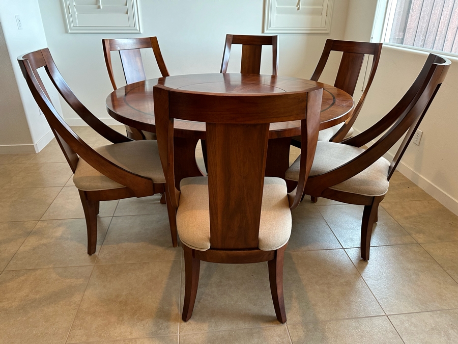 Round Wooden Dining Table With Lazy Susan Middle 56'R And Six Matching Dining Chairs [Photo 5]