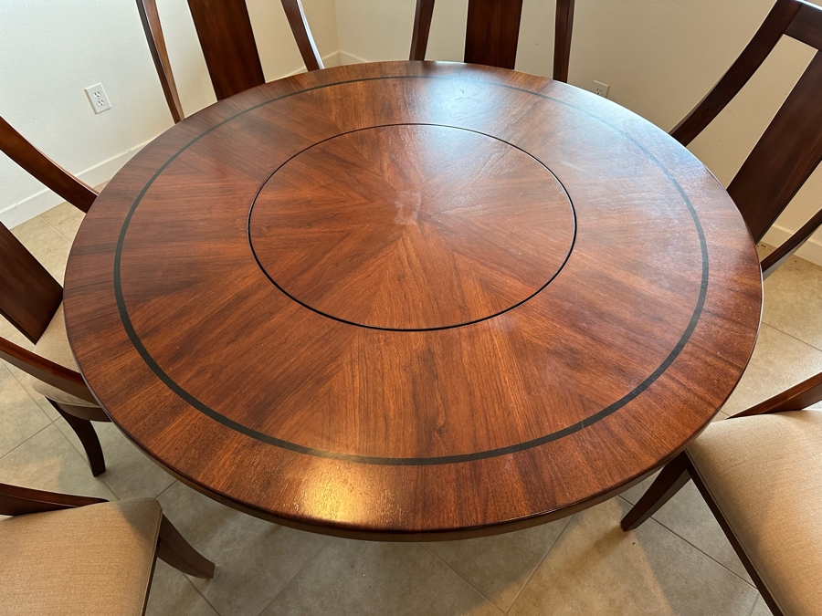 Round Wooden Dining Table With Lazy Susan Middle 56'R And Six Matching Dining Chairs [Photo 9]