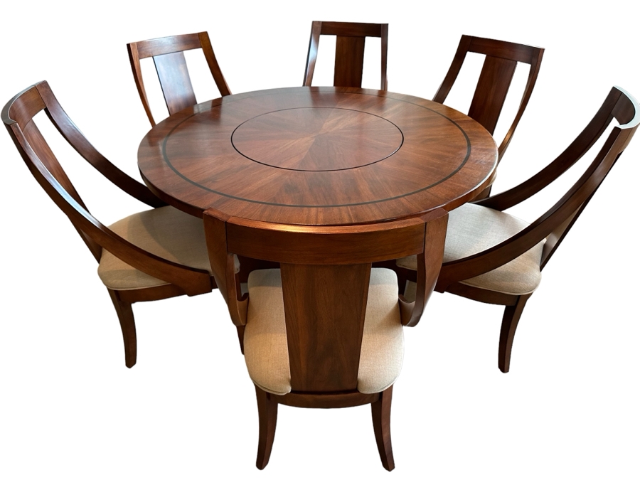 Round Wooden Dining Table With Lazy Susan Middle 56'R And Six Matching Dining Chairs