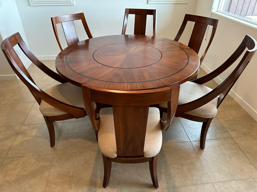 Round Wooden Dining Table With Lazy Susan Middle 56'R And Six Matching Dining Chairs [Photo 6]