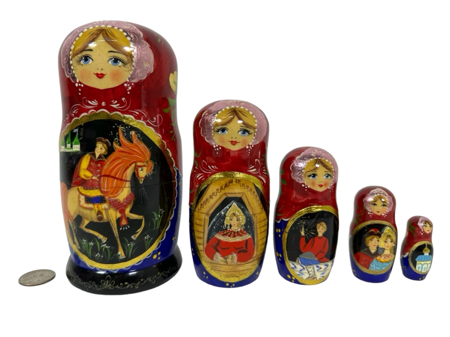 Vintage Russian Hand Painted Signed Wooden Nesting Dolls 7.5H