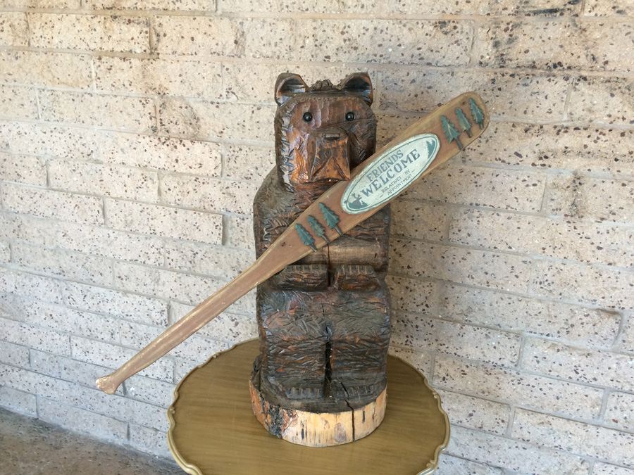 Carved Wooden Bear with Sign [Photo 1]