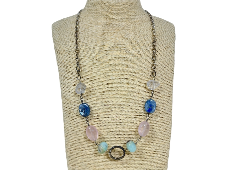 Sterling Silver 26' Necklace With Various Stones 37g