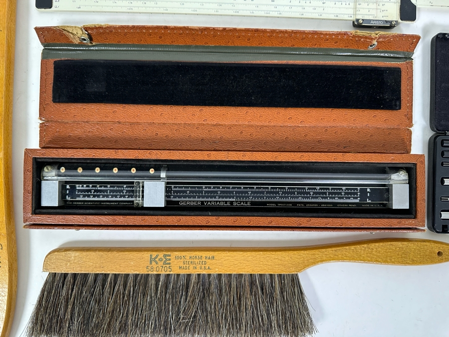 Engineer's Lot Includes: GERBER Variable Scale Slide Rule Model TP007100B, Aristo Slide Rule Model Nr. 968, Wild Heerbrugg Engineers Precision Drafting Set RZ20 Plus Three Draftsman Dusting Brushes [Photo 3]