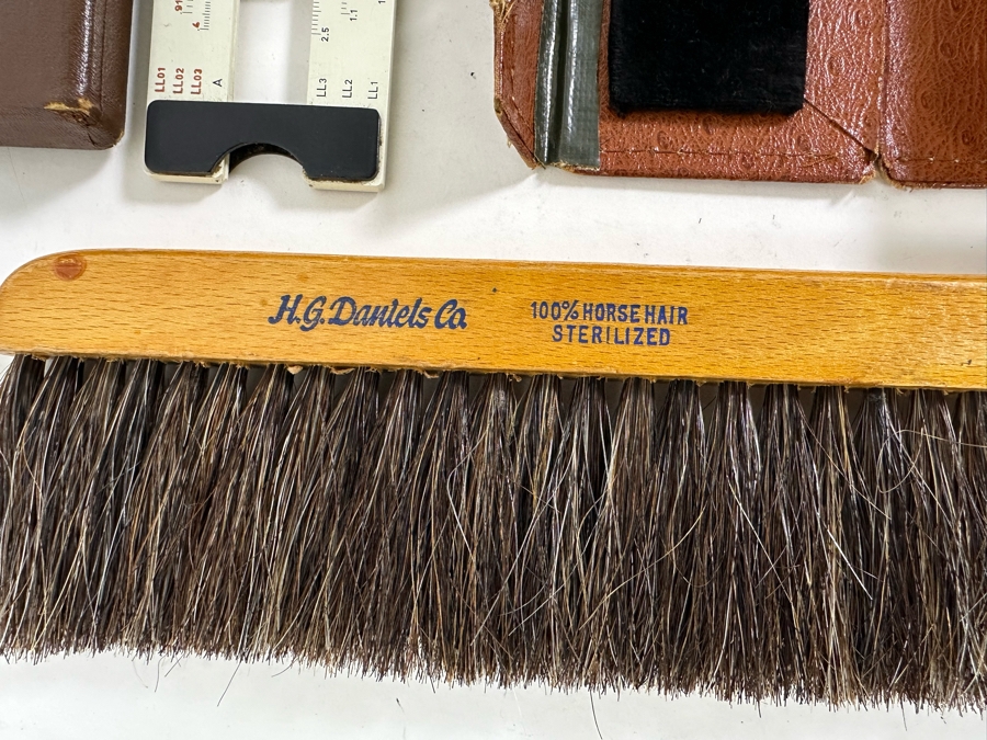 Engineer's Lot Includes: GERBER Variable Scale Slide Rule Model TP007100B, Aristo Slide Rule Model Nr. 968, Wild Heerbrugg Engineers Precision Drafting Set RZ20 Plus Three Draftsman Dusting Brushes [Photo 17]