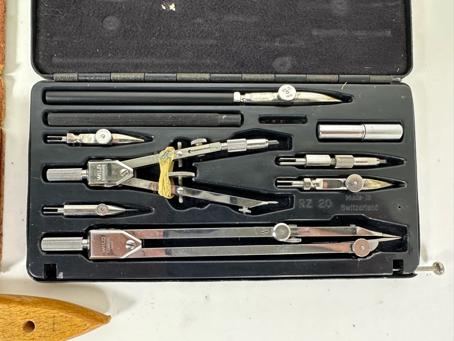 Engineer's Lot Includes: GERBER Variable Scale Slide Rule Model TP007100B, Aristo Slide Rule Model Nr. 968, Wild Heerbrugg Engineers Precision Drafting Set RZ20 Plus Three Draftsman Dusting Brushes [Photo 10]