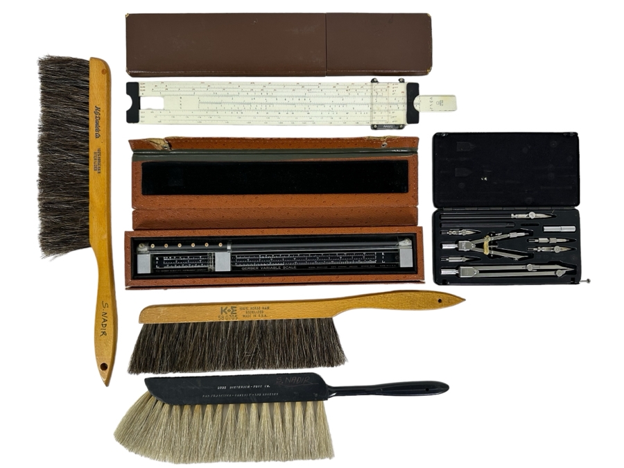 Engineer's Lot Includes: GERBER Variable Scale Slide Rule Model TP007100B, Aristo Slide Rule Model Nr. 968, Wild Heerbrugg Engineers Precision Drafting Set RZ20 Plus Three Draftsman Dusting Brushes